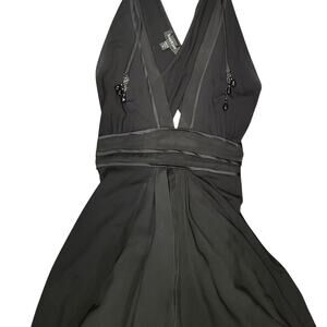 Vintage Bebe Black Dress – Crisscross Back, Silk & Beaded Detail – Size S